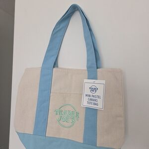 Trader Joe's Canvas Mini Tote Bag in Light Blue & Cream